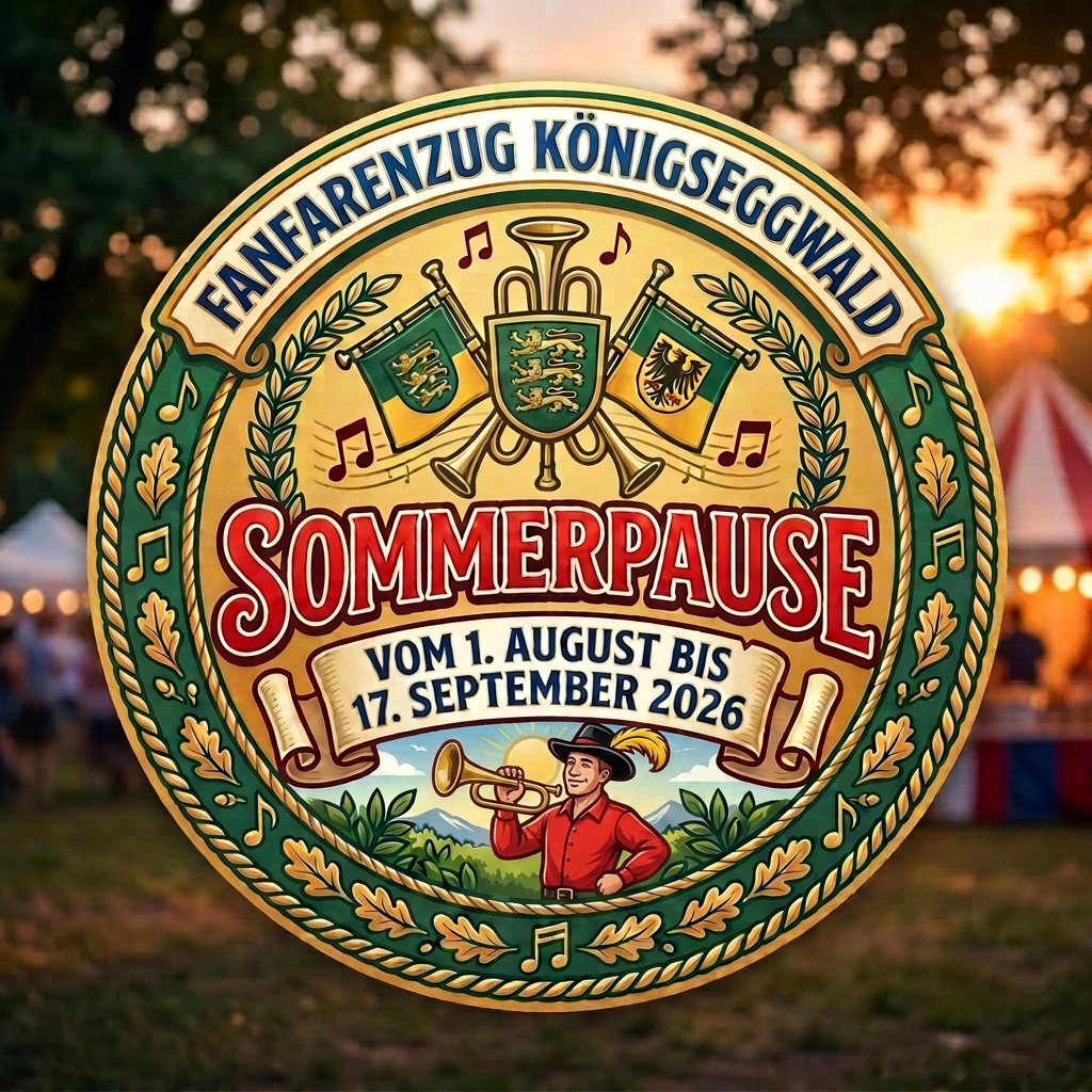 Fanfarenzug Königseggwald summer break announcement from August 1 to September 17, 2026 with trumpet player illustration